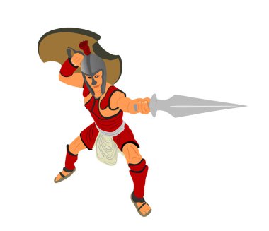 Beyaz arka planda izole edilmiş savaş vektörü siluetinde kılıç ve kalkanla Yunan kahramanı Achilles. Romalı lejyoner, savaşta cesur savaşçı. Gladyatör sembolü gölge.