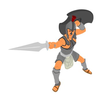 Beyaz arka planda izole edilmiş savaş vektörü siluetinde kılıç ve kalkanla Yunan kahramanı Achilles. Romalı lejyoner, savaşta cesur savaşçı. Gladyatör sembolü gölge.