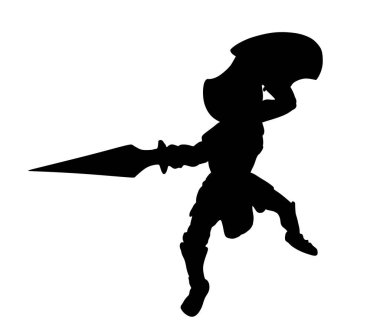 Beyaz arka planda izole edilmiş savaş vektörü siluetinde kılıç ve kalkanla Yunan kahramanı Achilles. Romalı lejyoner, savaşta cesur savaşçı. Gladyatör sembolü gölge.