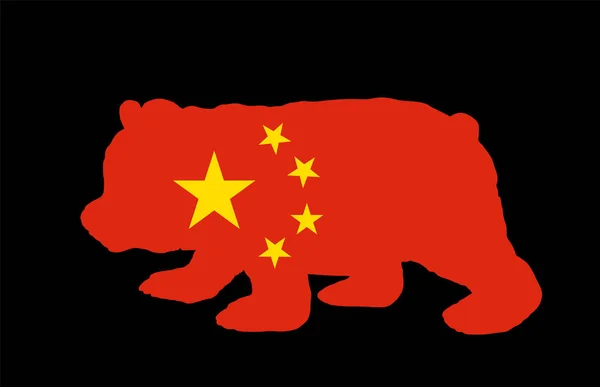 Китайский Флаг Над Векторным Силуэтом Панды Изолирован Черном Фоне Талисман — стоковый вектор