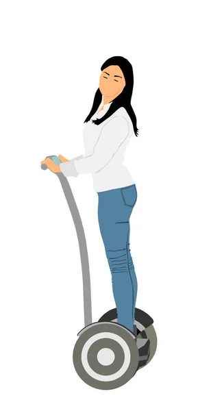 Tourist Girl Standing Riding Electric Scooter Vector Illustration Isolated White — Stockvektor