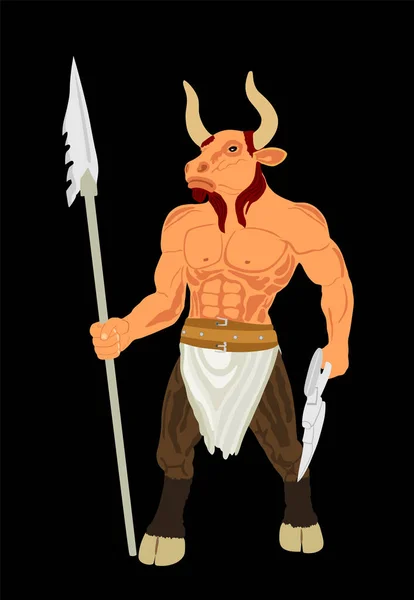 Greek Mythology Creature Minotaur Vector Illustration Isolated Black Background Half — 图库矢量图片
