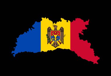 Moldova map flag with coat of arms vector silhouette illustration isolated on black background. High detailed. Moldova flag over Moldova map, national symbol, seal. Country in eastern Europe.