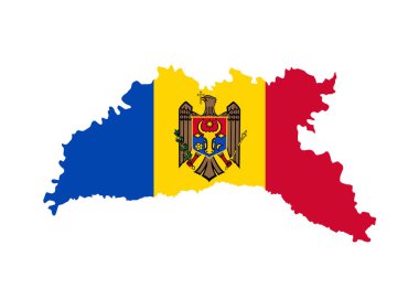 Moldova map flag with coat of arms vector silhouette illustration isolated on white background. High detailed. Moldova flag over Moldova map, national symbol, seal. Country in eastern Europe.