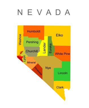 Colorful Nevada State vector map silhouette illustration isolated on white background. High detailed illustration. United state of America country. Nevada map with separated county borders.