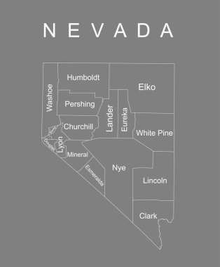 Nevada State vector map silhouette illustration isolated on gray background. High detailed illustration. United state of America country. Nevada map with separated county borders.
