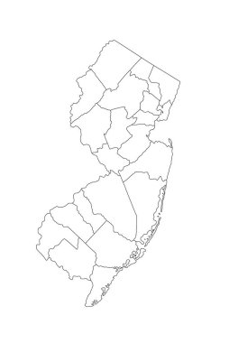 Blank New Jersey map vector silhouette illustration isolated on white background. High detailed. United state of America country. Editable empty New Jersey line contour map with separated borders of county.