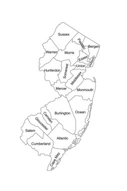 New Jersey map vector silhouette illustration isolated on white background. High detailed. United state of America country. New Jersey line contour map with separated county borders.