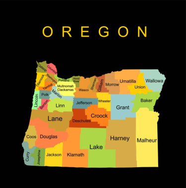 Colorful Oregon vector map silhouette illustration isolated on black background. High detailed illustration. United state of America country. Oregon line contour map wit separated counties borders.