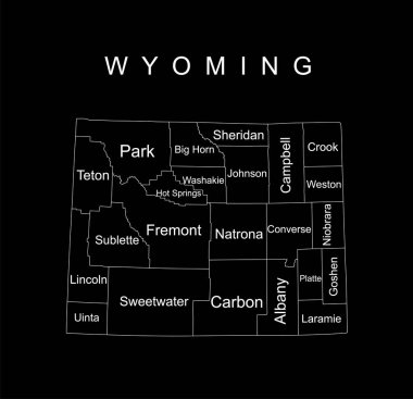 Wyoming Eyaleti vektör haritası silueti çizimi siyah arkaplanda izole edildi. Çok detaylı bir illüstrasyon. Amerika Birleşik Devletleri ülkesi. Wyoming haritası ayrı bölge sınırları ile.