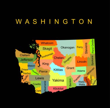 Colorful Washington State vector map silhouette illustration isolated on black background. High detailed illustration. United state of America country. Washington map with separated county borders.