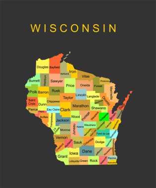 Colorful Wisconsin State vector map silhouette illustration isolated on black background. High detailed  illustration. United state of America country. Wisconsin line contour map separated counties.