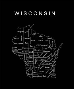 Wisconsin State vector map silhouette illustration isolated on black background. High detailed  illustration. United state of America country. Wisconsin line contour travel map with separated counties