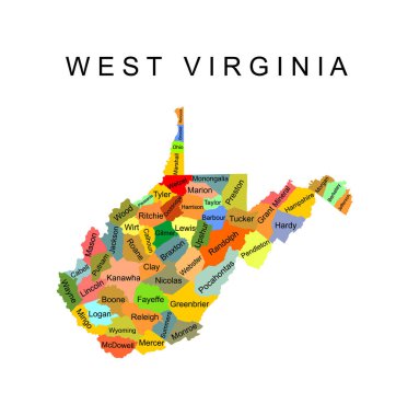 West Virginia vector map silhouette illustration isolated on white background. High detailed illustration. United state of America country. Colorful West Virgina map with separated counties and border