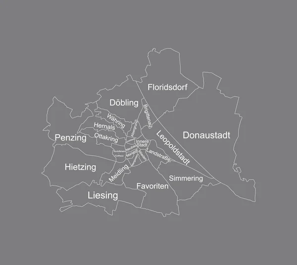 在灰色背景下孤立的维也纳市地图矢量轮廓图 非常详细 首都位于奥地利行政区划的边境 中欧文化中心 — 图库矢量图片
