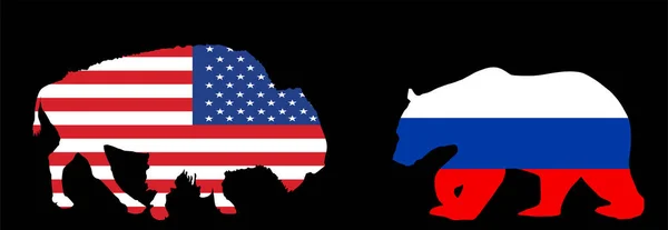 United States America Flag Bison Buffalo Russia Flag Bear Vector — 图库矢量图片