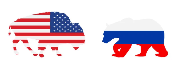 United States America Flag Bison Buffalo Russia Flag Bear Vector — Stockvektor