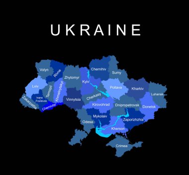 Editable Ukraine map vector silhouette illustration isolated on black background. Europe country. Ukraine line contour map territory with separated borders of provinces.