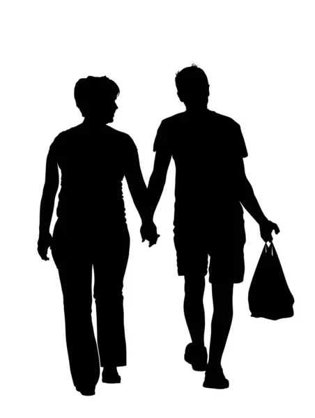 Happy Couple Hold Hands Vector Silhouette Illustration Isolated White Mature — Vetor de Stock