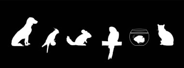 Pets collection. Domestic dog and cat vector silhouette illustration isolated on black. Macaw parrot and Cockatail Corella birds. Chinchilla animal. Exotic Oscar fish in fishbowl aquarium. Pet shop.