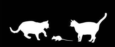 Hungry cats is chasing the mouse vector silhouette illustration isolated on black background. Cat eat rat symbol. Feline hunter hunting prey. Team work scene.