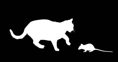 Aç kedi siyah arkaplanda izole edilmiş fare vektör siluetini takip ediyor. Kedi fare sembolü. Kedi avcısı av peşinde.. 