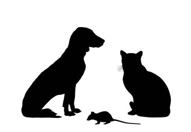 Sitting pets, domestic dog and cat, mouse vector silhouette illustration isolated on white background. Schiller hound dog. Best friends and home guard. Rat in middle of natural food chain.