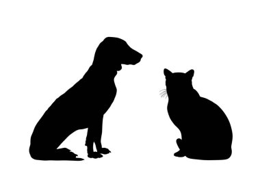 Oturan evcil hayvan portresi, beyaz arka planda izole edilmiş ev köpeği ve kedi vektör silüeti. Schiller av köpeği ve İskoç heteroseksüel kedisi. Köpeğe dikkat et. En iyi arkadaşlar ve iç güvenlik..