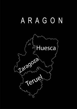 Emblem banner of Autonomous community Aragon map line contour vector silhouette illustration isolated on black. Spain territory include Zaragoza map, Huesca Silhouette, Teruel shape. Europe, EU.