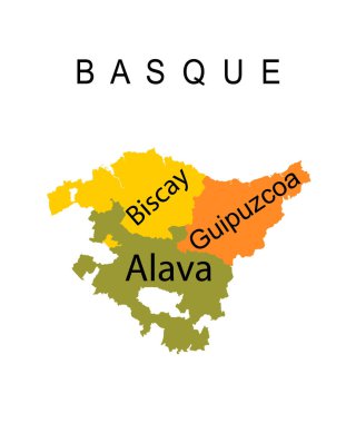 Autonomous community Basque map vector silhouette illustration isolated on white background. Spain territory, include provinces Biscay map, Guipuzcoa shape, Alava silhouette. Europe, EU.