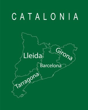 Autonomous community line contour Catalonia map vector silhouette illustration isolated on green. Spain territory include provinces Lleida shadow, Girona shape, Barcelona map, Tarragona map. Europe EU