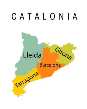 Autonomous community Catalonia map vector silhouette illustration isolated on white background. Spain territory include provinces Lleida shadow, Girona shape, Barcelona map, Tarragona map. Europe, EU.