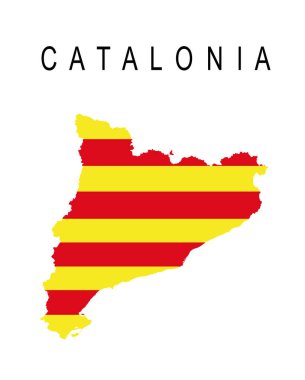 Autonomous community Catalonia map flag vector silhouette illustration isolated on white background. Spain territory include provinces Lleida, Girona, Barcelona, Tarragona. Europe, EU. Catalonia flag.