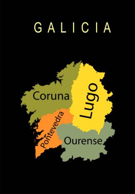 İspanya 'nın Galiçya eyaleti vektör haritası silüeti siyah arkaplanda izole edildi. Avrupa 'daki bölge, Coruna haritası, Lugo şekli, Pontevedra, Ourense. Galiçya Özerk Bölgesi.