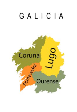 Spain province Galicia vector map silhouette illustration isolated on white background. Territory in Europe, include Coruna map, Lugo shape, Pontevedra, Ourense. Autonomous community Galicia region.