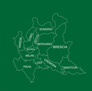 Lombardy haritası çizgisi yeşil arkaplanda izole edilmiş vektör silueti çizimi. İtalya, Bölgeler İdari Bölgeler Planı. Ayrı eyaletlerin bölge haritası.