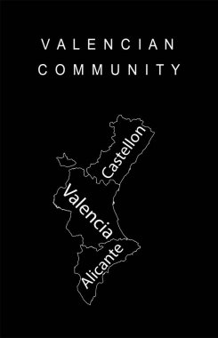 İspanya Özerk Valensiyalı toplum çizgisi çizgi haritası çizimi, siyah arkaplan üzerinde izole edilmiş vektör çizimi, Castellon, Valencia, Alicante bölge sınırlarını içerir. Avrupa ve AB.