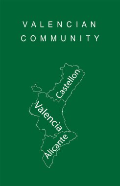 İspanya Özerk Valensiya toplum hattı sınır çizgisi yeşil arka planda izole edilmiş harita vektör çizimi, Castellon, Valencia, Alicante 'nin bölge sınırlarını içerir. Avrupa ve AB.