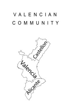 İspanya Özerk Valensiyalı toplum çizgisi beyaz arka planda izole edilmiş harita vektör silüeti çizimi, Castellon, Valencia, Alicante 'nin bölge sınırlarını içerir. Avrupa ve AB.