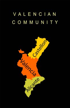 İspanya Özerk Valensiya Topluluğu haritası, siyah arkaplanda izole edilmiş vektör çizimi, Castellon, Valencia, Alicante 'nin bölge sınırlarını içerir. Avrupa ülkesi ve AB üyesi.