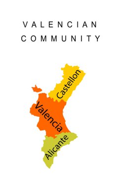 Spain province Autonomous Valencian community map vector silhouette illustration isolated on white background, include territory borders of Castellon, Valencia, Alicante. Country in Europe, EU member.