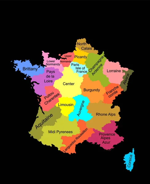 在黑色背景上孤立的法国矢量轮廓的彩色矢量图 法国自治区 法国各大区的详细行政区划 分隔的省份图 — 图库矢量图片