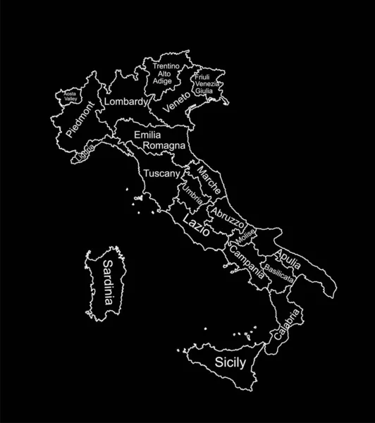黒を基調としたイタリア線輪郭シルエットイラストのベクトルマップ イタリアの自治体 詳細イタリア地域管理部門 分離された州 アウトラインマップ — ストックベクタ