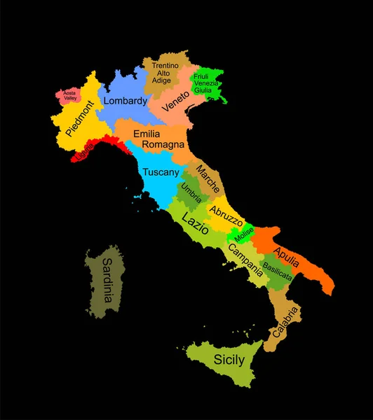 黒を基調としたイタリアベクトルシルエットイラストのカラフルな地図 イタリアの自治体 詳細イタリア地域管理部門 分離された州 アウトラインマップ — ストックベクタ