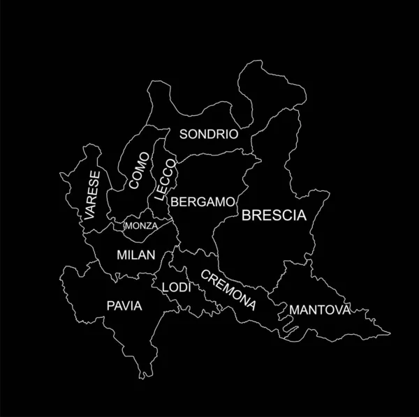 ロンバルディア地図線輪郭ベクトルシルエットイラスト黒の背景に孤立 イタリア 地域行政区画計画 分離された国の地図 — ストックベクタ