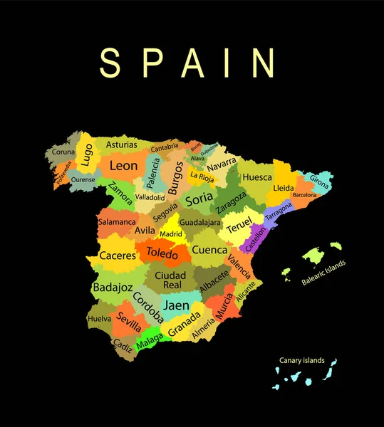 Ilustración Colorida Silueta Vectorial Mapa España Aislada Sobre Fondo Negro — Vector de stock