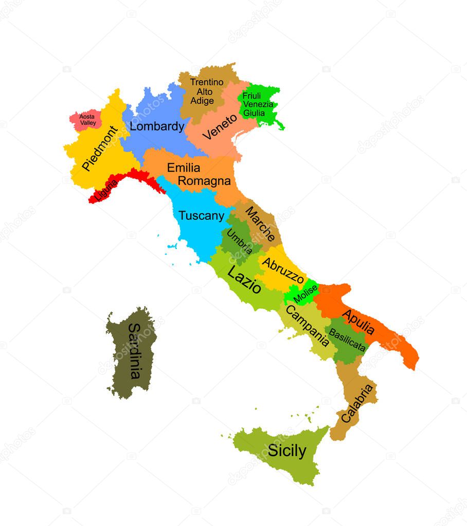 Colorful map of Italy vector silhouette illustration isolated on white background. Autonomous communities of Italy. Detailed Italian regions administrative divisions, separated provinces. outline map.