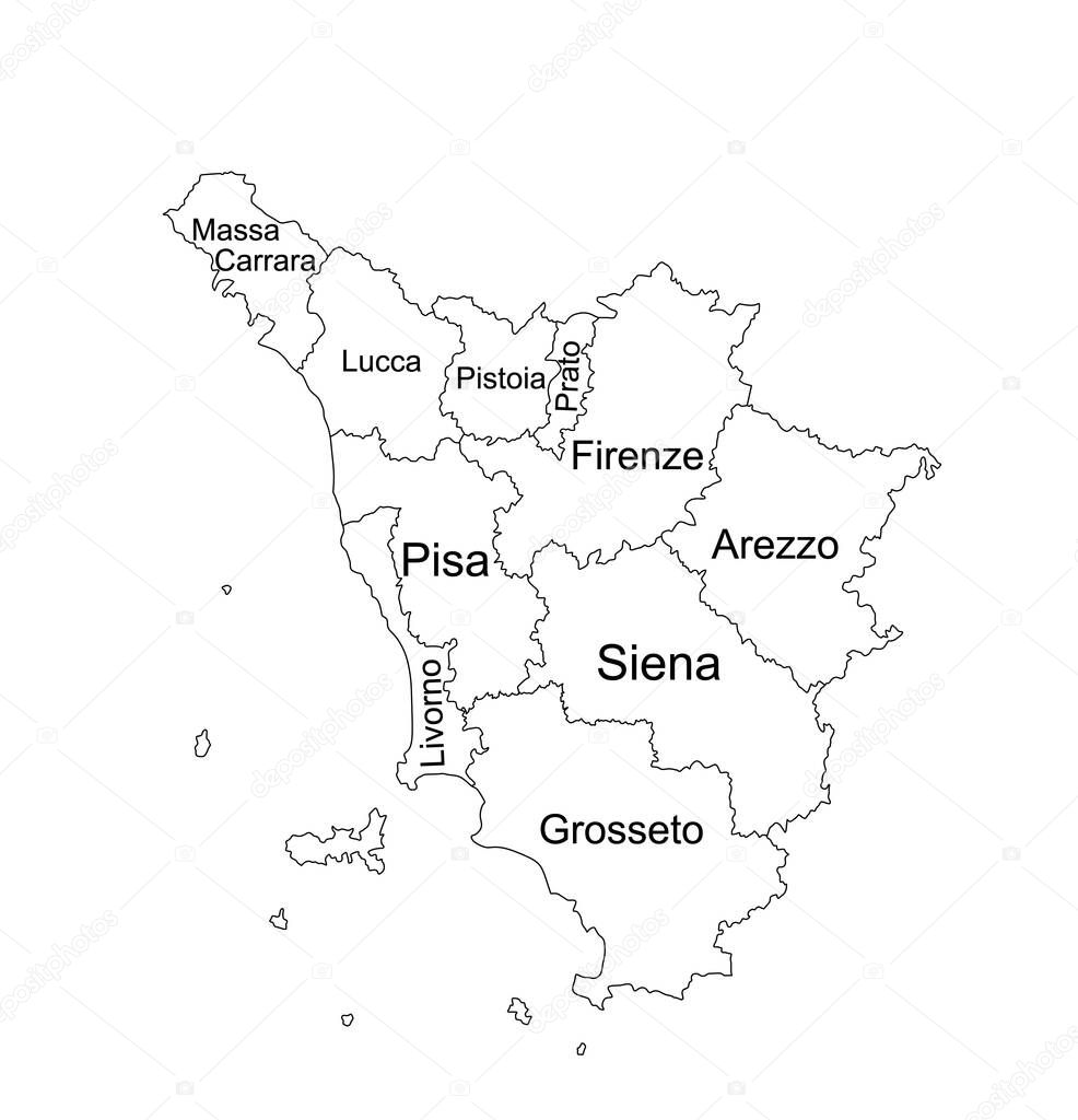 Editable Tuscany line contour map vector silhouette illustration isolated on white background. Toscana, scheme Italy province vector map. Separated regions with borders. Italian territory, EU, Europe.