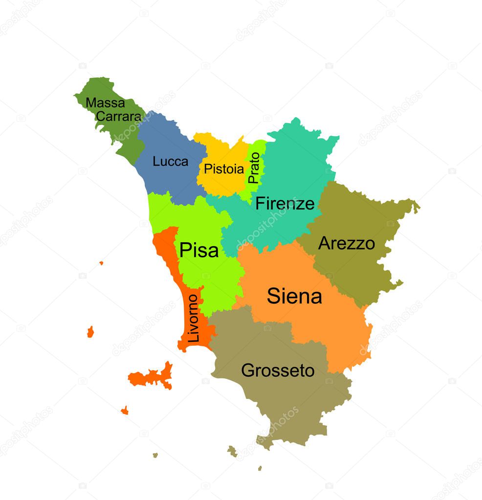 Colorful Tuscany map vector silhouette illustration isolated on white background. Toscana, Italy province vector map. Separated regions with borders. Italian territory, EU, Europe.