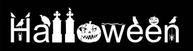 Cadılar Bayramı işareti vektör silueti çizimi siyah üzerine izole edilmiş. Balkabağı korkunç yüzü gülüyor. Mutlu Jack O Lantern. Yılan ve akbabayla birlikte mezarlıkta korkunç kuzgun. Korkunç gece baykuşu!.
